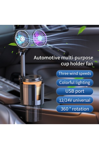 Reedark 360 Dönebilen Çift Başlıklı Araç Fanı - 3 Hız Ayarlı, Renkli Led Işıklı, 12v/24v Usb Şarjlı Otomobil Soğutucu