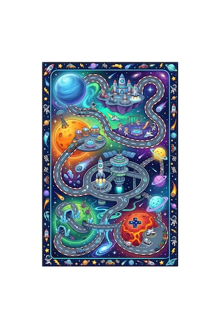 Kartela Halı Uzay Macerası Kaymaz Taban Çocuk Oyun Halısı - 120 X 180 Cm Çok Renkli