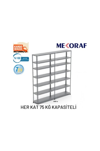 Mekoraf Çelik Raf Sistemi 43X93 2 Metre 7 Raflı 2 Ünite Gri