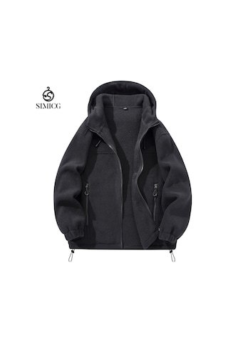 Avrupa Beden Erkek Sonbahar/kış Polar Kapüşonlu Ceket Siyah