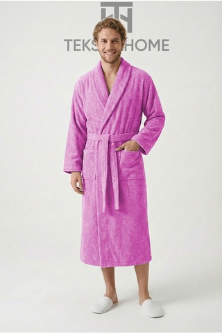 %100 Pamuklu Unisex Bornoz Şalyaka Cepli Büyük Beden 3xl 4xl Erkek Kadın Bornoz Gül Kurusu