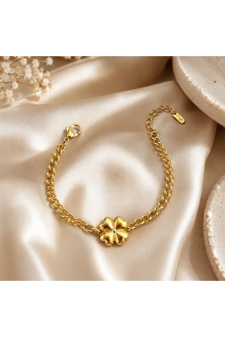 Cm Jewelry Yonca Desenli Gold Çelik Bileklik Açık Kahverengi