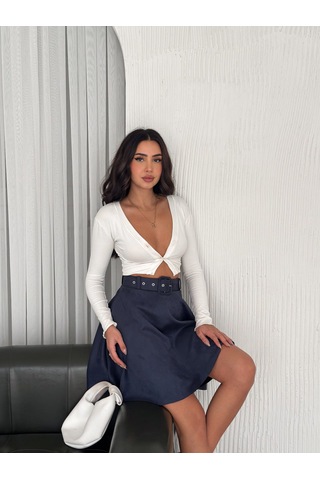 Ozy Fashion Kadın Lacivert Midi Boy Kemerli Süet Kloş Etek Lacivert