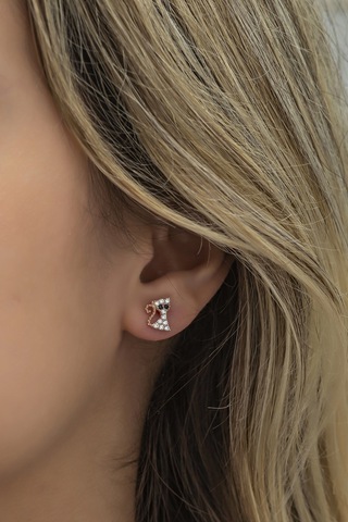 Nereze 925 Ayar Gümüş Minik Beyaz Taşlı Kedi Küpe