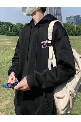 Perfect Life Sweatshirt - Siyah Baskılı Oversize Kapüşonlu Siyah