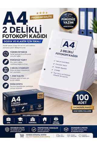 Premium A4 2 Delikli Fotokopi Kağıdı 100 Adet Dosya Ve Klasör Uyumlu Yazıcı Kağıdı