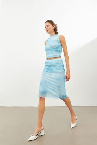 Stella Pulvis Mavi Büzgü Detaylı Beli Lastikli Midi Etek Mavi