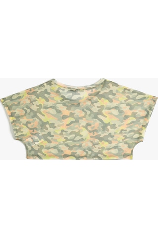 Koton Transparan Crop Tişört Spor Kısa Kollu Bisiklet Yaka Kamuflaj Desenli Yeşil Desenli 4sak10067nk 4SAK10067NK7D6 Yeşil