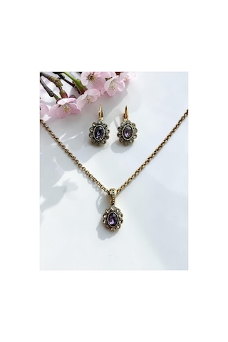 Kristal Taşlı Oval Kolye Ve Küpe Seti Mor