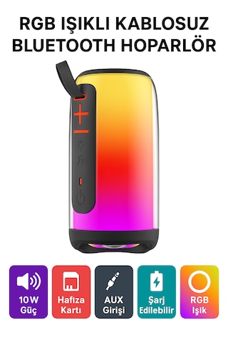 Rgb Işıklı Kablosuz Bluetooth Hoparlör 10w Güç, Hafıza Kartı Ve Aux Girişli, Taşınabilir Parti Hoparlörü