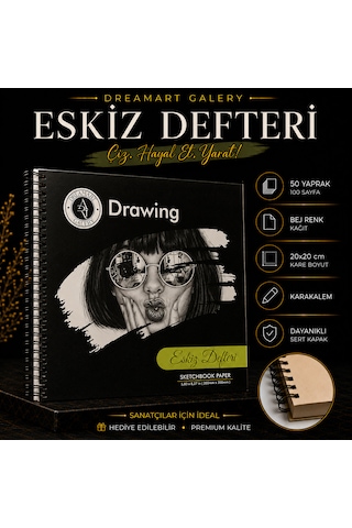 Dreamart Galery, Eskiz Defteri, 20x20 Cm Sert Kapak 50 Yaprak Bej Kağıt Spiralli Karakalem Defteri