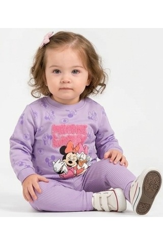 İrem Kız Bebek Mickey Desenli Yazı Nakışlı Lila Renk Sweatshirt Tayt Takımı