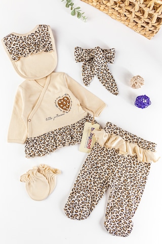Babymod Leopar Baskılı Kız Bebek Hastane Çıkışı Takımı -  5 Parça Bej