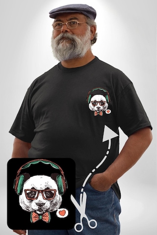 Angemiel Kulaklıklı Hipster Portre Panda Siyah Büyük Beden Kadın Basic Minimal Baskılı Tişört Siyah