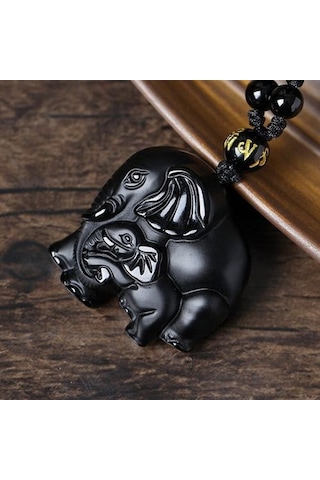 El Yapımı Örgü Siyah Obsidiyen Taş Fil Şekli Kolye Uzun Boncuk Zincir Kolye Hayvan Takı Kolye Kolyeler Altın - Beyaz