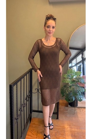Ali Butik Kahve Uzun Kollu File Örgü Crochet Elbise