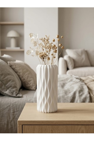 Kaveld Nysa Dekoratif Vazo El Yapımı Modern Minimalist Silindirik Vazo Mermer Tozu Ve Çimento Kompozit Ev Dekoru Beyaz
