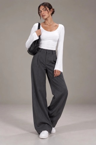 Bbbutikbasic Kadın U Yaka İspanyol Kol Uzun Kollu Slim Fit Bluz My3535 Beyaz