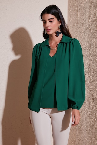 Lela Regular Fit V Yaka Balon Kol Bayan Bluz 611Bz0353 Zümrüt