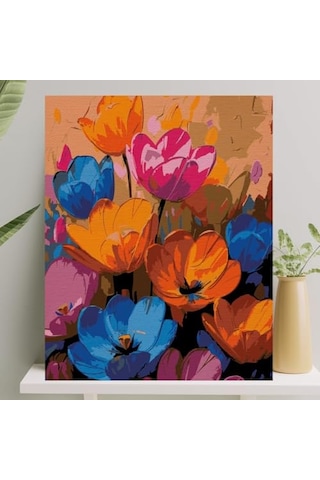 Sayılarla Boyama Tuval Seti Fırça Boya Dahil Çıtalı 40x50 Cm - Renkli Çiçekler