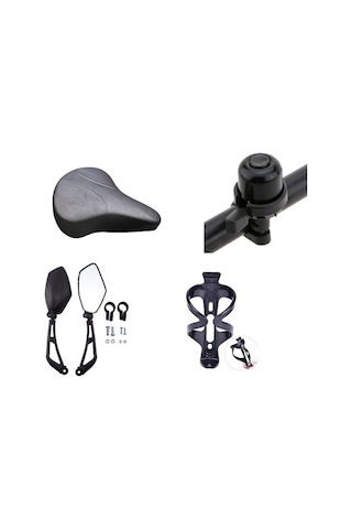 Bisiklet Yaylı Sele Aksesuar Seti 4 Parça Zil-kafes-sele-ayna Siyah