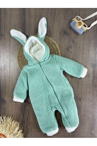 101 Dalmaçyalı Çift Kat Wellsoft Kürklü Tavşan Kulak Unisex Kışlık Bebek Tulum Yeşil