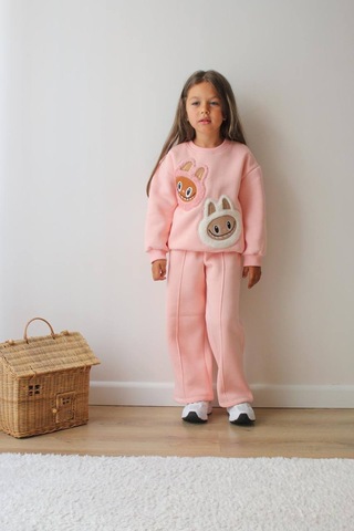 Kız Çocuk 3 İplik Şardonlu Peluş Baskı Detaylı Sweatshirt - Eşofman Alt Üst Takım Pudra Pembe - Gri