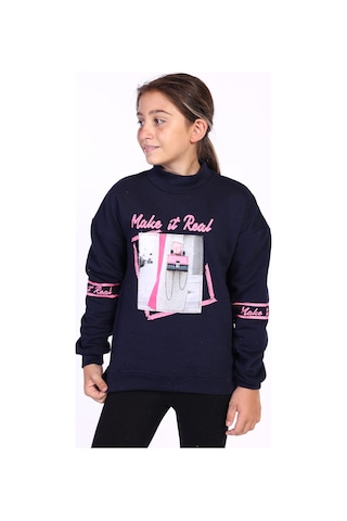 Toontoy Kız Çocuk Baskılı Taş İşlemeli Balıkçı Yaka Sweatshirt Lacivert