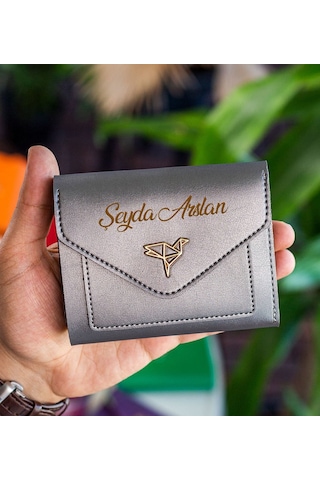 Bk Gift Kişiye Özel İsimli Vegan Deri Mini Antrasit Kadın Cüzdanı, Sevgiliye Hediye, Anneye Hediye, Arkadaşa Hediye Renkli Çok Renkli