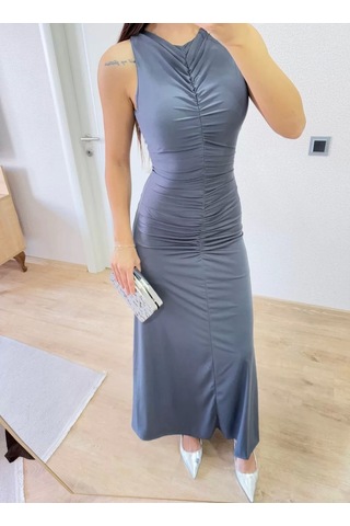 Bürümcük Kumaşlı İçi Astarlı Üzgülü Kolsuz Büzgülü Uzun Elbise - Füme Füme