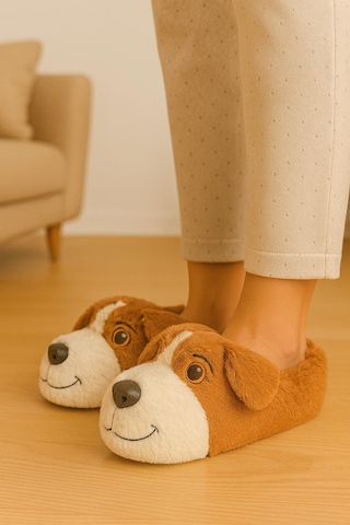 Unisex Yetişkin Köpek Figürlü Peluş Panduf Ev Pandufu Ev Botu Taba