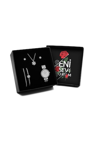 Sevgililer Gününe Özel Tasarım Kutu & Gümüş Zirkon Kaplama Kar Tanesi Kolye & 2'li Küpe & 2'li Bileklik & Saat Seti