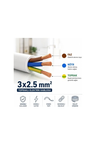 Tr 3x2,5 Mm Cca Ttr Beyaz Renk Kauçuk Topraklı Seyyar Elektrik Kablosu 10 Metre