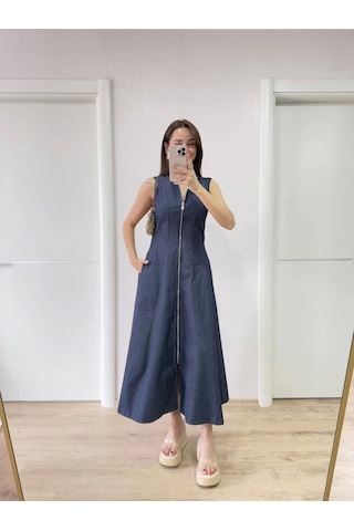Cvs Giyim Jeans Kot Önü Tam Fermuarlı Kadın Uzun Elbise - Mavi Mavi