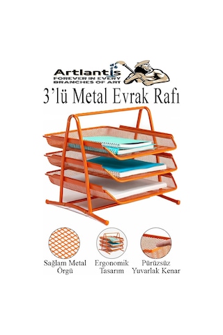 Turuncu Metal Evrak Rafı 3 Lü Ve Masaüstü Kalemlik 1 Paket Masaüstü A4 Dosya 3 Katlı Düzenleyici Kağıt Tepsisi Metal Turuncu