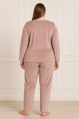 Kadın Büyük Beden 13213 Uzun Kol Kadife Pijama Takımı Pudra Pudra