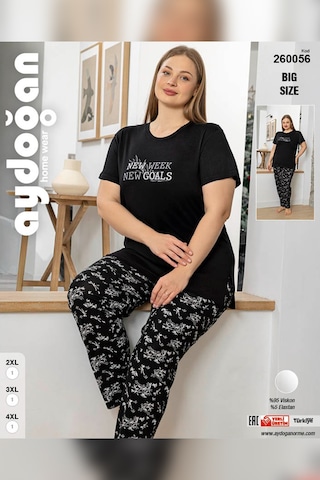 Aydoğan Kadın İnci Büyük Beden Kısa Kol Siyah Pijama Takım 0056 Siyah