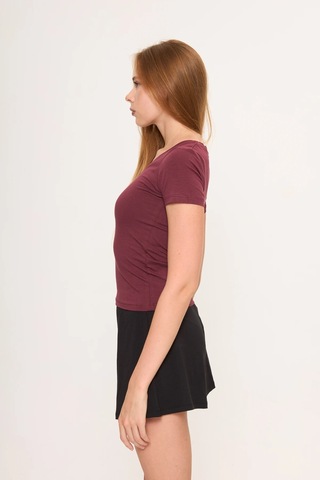 Zoor Ultra Soft Penye Modal V Yaka Kısa Kollu Bluz Bordo