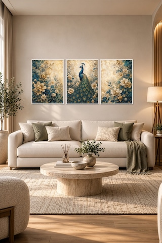 Zümrüt Tavus Kuşu 3'lü Mdf Tablo Seti Gerçek Ahşap Çerçeveli Modern Salon Yatak Odası Duvar Tablosu Renk: Beyaz