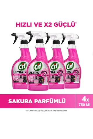 Cif Ultra Sprey Sakura Parfümlü Kir Ve Yağ Sökücü 750 Ml X 4 Adet