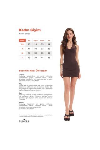 Tudors Kadın Slim Fit Dar Kesim Boyundan Bağlamalı Sıfır Kol Dantel Detaylı Kahverengi Elbise-52065