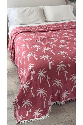 Palmiye Desen 4 Katlı Müslin Pike Yatak Örtüsü Battal Boy 240x260 Cm Kırmızı Diğer
