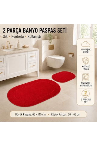 Rixos 2'li Banyo Halısı Paspası Seti Kaymaz Tabanlı Klozet Takımı Kırmızı