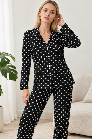Womanandkids Siyah Kadın Gömlek Yaka Desenli Pijama Takımı 4812