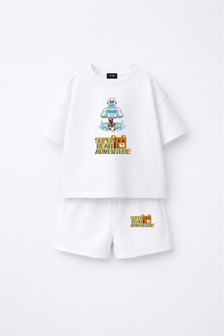 Fasardi Super Bear Adventure Süper Ayı Baskılı Oversize %100 Pamuk Kısa Kollu Unisex Çocuk T-shirt Beyaz