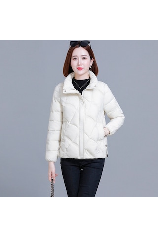 2025 Yeni Kadın Pamuklu Ceket, Kısa Model, Kore Stili, Bol Kesim, Sıcak, Dik Yaka, Küçük Beden Beyaz - Haki
