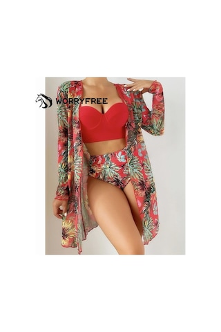 Kadın Yaz Baskılı Bikini Mayo Üç Parçalı Set - Kırmızı - Wr409325