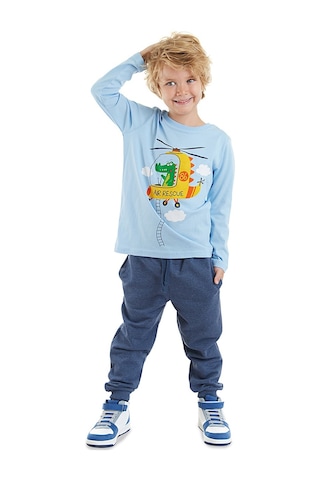Denokids Helikopter Erkek Çocuk Uzun Kollu T-shirt Pantolon Takım Mavi Açık Mavi