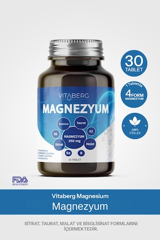Vitaberg Magnezyum Bisglisinat, Taurat, Sitrat, Malat + K2, B6, Bor, Selenyum
