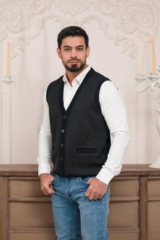 Woolen World Regular Fit Ön Cepli Kolsuz Bitik Desenli Triko Yelek Lacivert